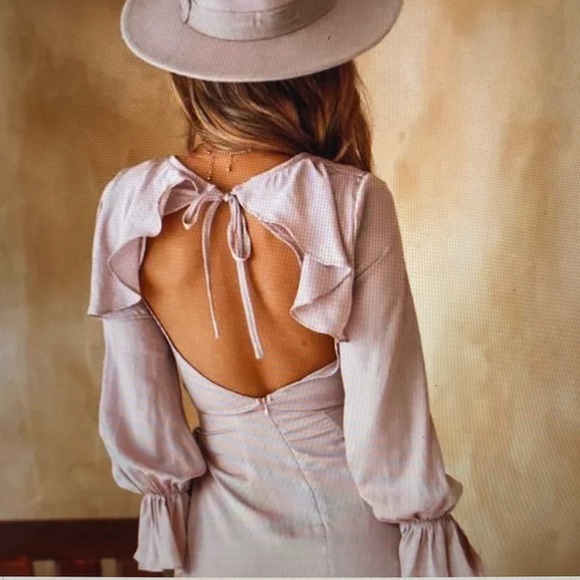 Here Comes The Sun Silky Gray Faux Wrap Open Back Ruffle Mini Dress. Sz M - Picture 10 of 10